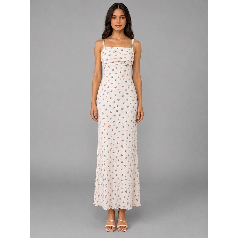 White Floral Mesh Ruched Spaghetti Strap Maxi Dress Cottagecore Y2K- Small